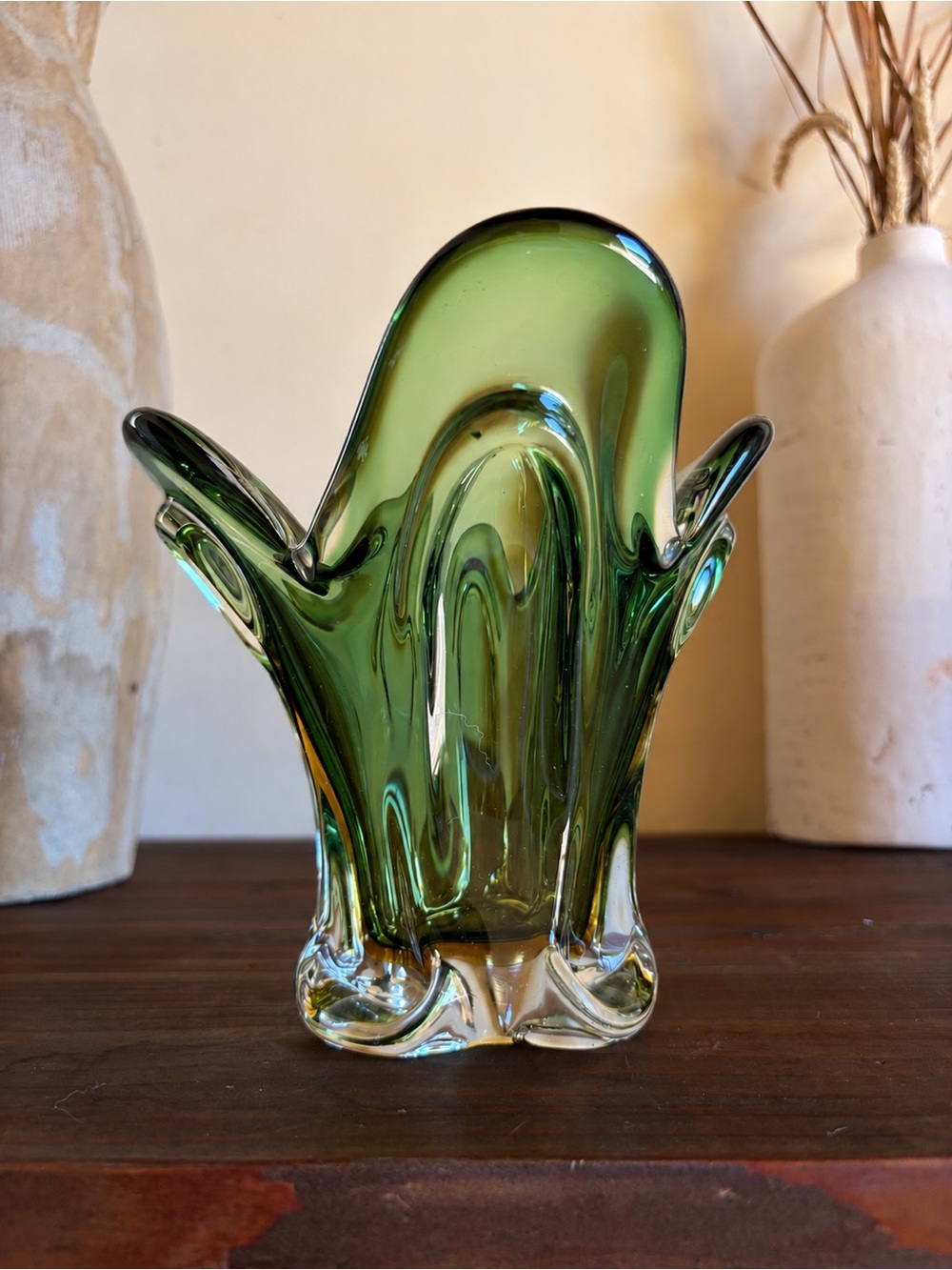 Vintage MCM Green Hand Blown Glass Handkerchief Freeform Vase
